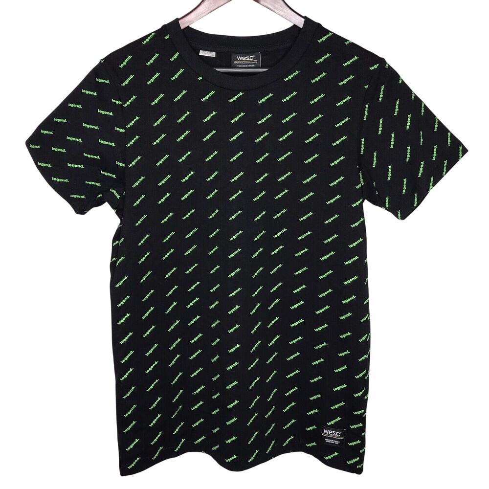 WeSC Legend T-Shirt S Small Black Green Allover Print Graphic Tee Sweden
